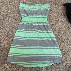 Green and gray stripe strapless dress